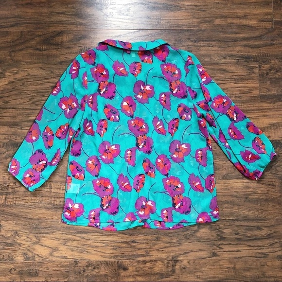 ModCloth • Jade Floral poppy print Peter Pan collar blouse chiffon bow tie neck - Picture 9 of 11